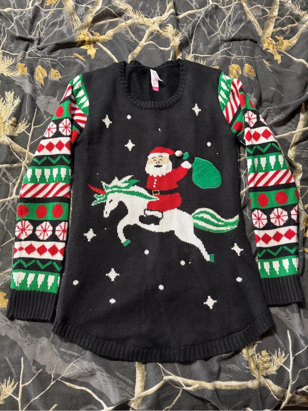 Festive Black Christmas Sweater with Santa on Unicorn